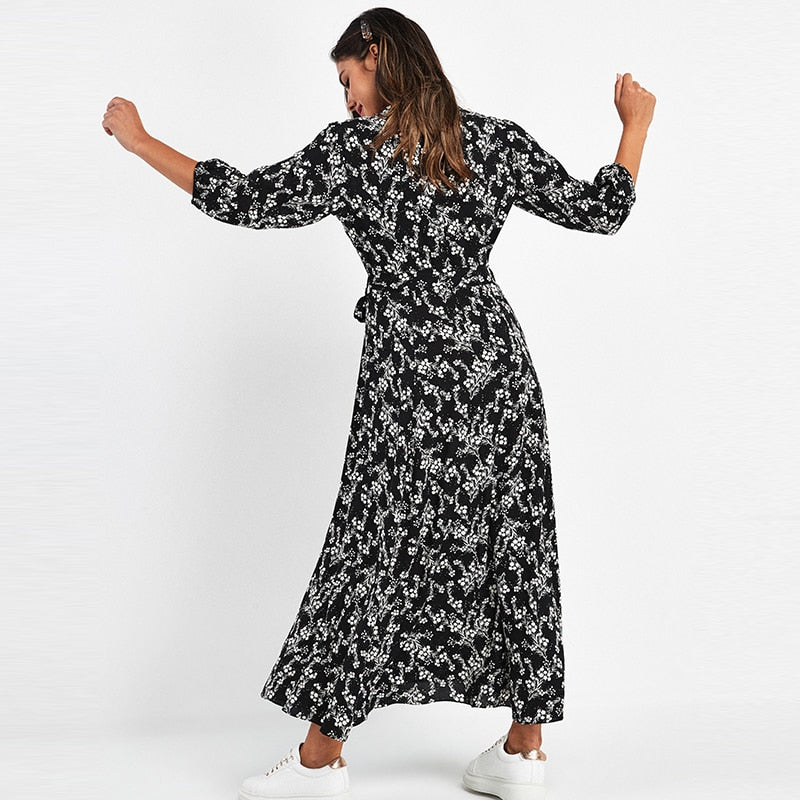 Vintage Floral Print Maxi Dress Women Boho Three Quarter Sleeve Long Dress Turn Down Collar Casual Shirt Dresses Robe