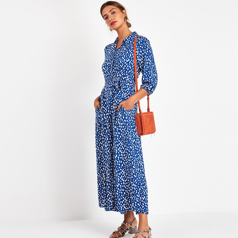 Vintage Floral Print Maxi Dress Women Boho Three Quarter Sleeve Long Dress Turn Down Collar Casual Shirt Dresses Robe