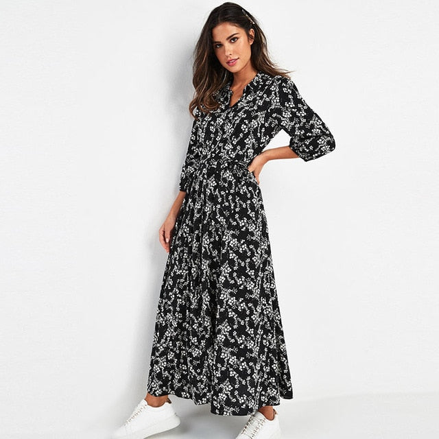 Vintage Floral Print Maxi Dress Women Boho Three Quarter Sleeve Long Dress Turn Down Collar Casual Shirt Dresses Robe