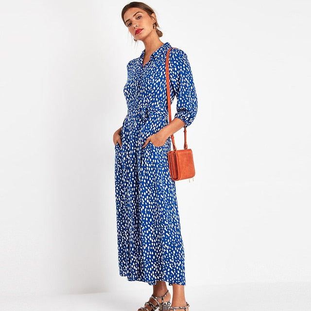 Vintage Floral Print Maxi Dress Women Boho Three Quarter Sleeve Long Dress Turn Down Collar Casual Shirt Dresses Robe