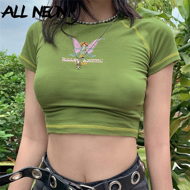 E-girl Butterfly Graphic and Letter Printing Stitch Green Crop Tops Y2K Summer Grunge Style O-neck Short Sleeve T-shirts