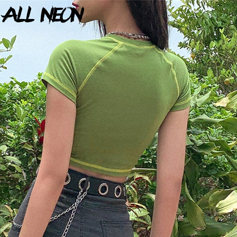 E-girl Butterfly Graphic and Letter Printing Stitch Green Crop Tops Y2K Summer Grunge Style O-neck Short Sleeve T-shirts