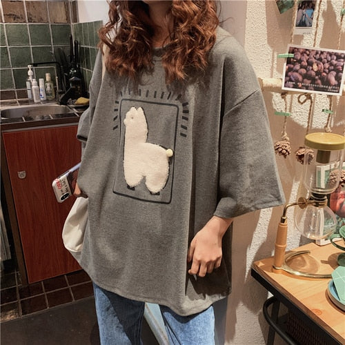 Cartoon Alpaca Animal Printed Casual Loose Oversize Korean Style Summer Short Sleeve Women Top Female T-shirts