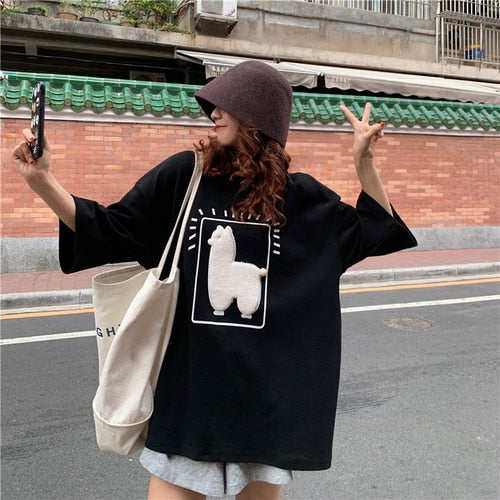 Cartoon Alpaca Animal Printed Casual Loose Oversize Korean Style Summer Short Sleeve Women Top Female T-shirts