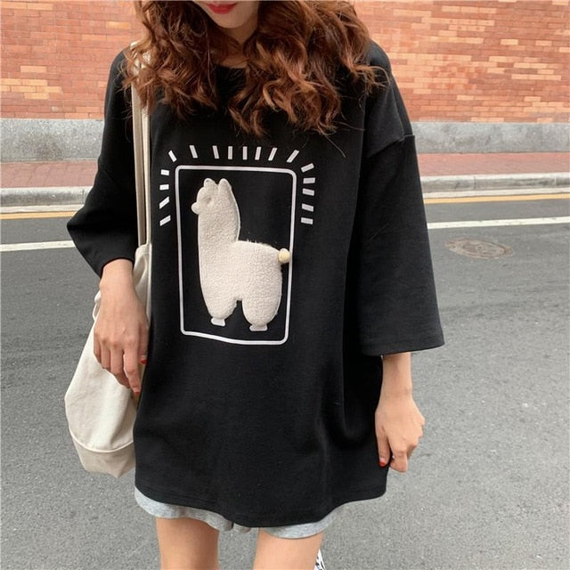 Cartoon Alpaca Animal Printed Casual Loose Oversize Korean Style Summer Short Sleeve Women Top Female T-shirts