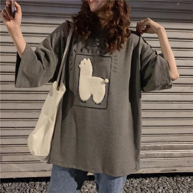 Cartoon Alpaca Animal Printed Casual Loose Oversize Korean Style Summer Short Sleeve Women Top Female T-shirts