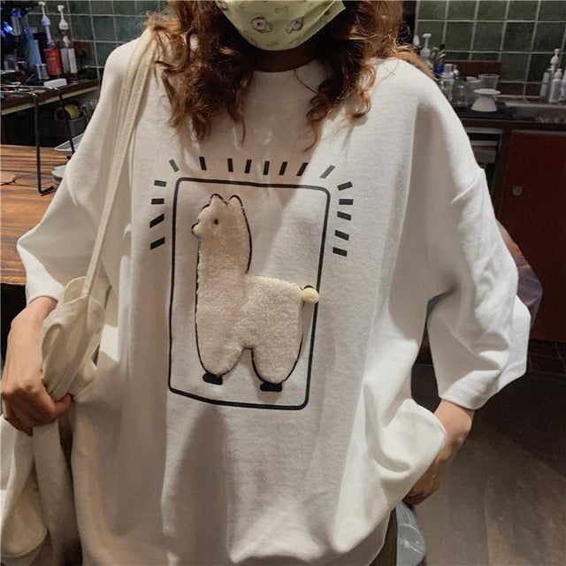 Cartoon Alpaca Animal Printed Casual Loose Oversize Korean Style Summer Short Sleeve Women Top Female T-shirts