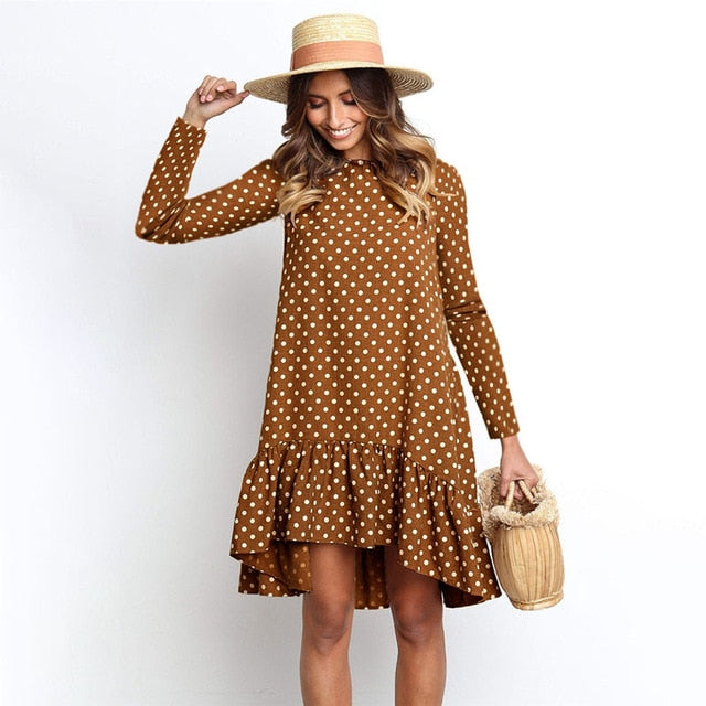 Women Autumn Dress Fashion Polka Dot Chiffon Dress Long Sleeve O Neck Ruffle Female Casual Yellow Dress 2021 Retro Vestido Mujer