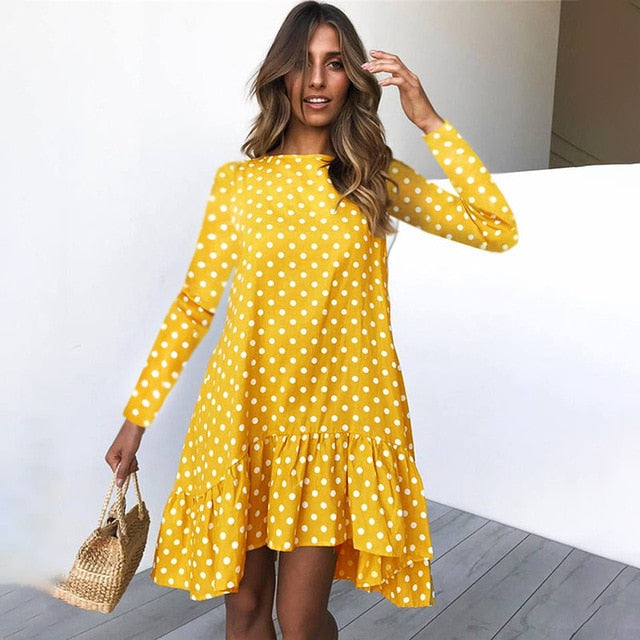 Women Autumn Dress Fashion Polka Dot Chiffon Dress Long Sleeve O Neck Ruffle Female Casual Yellow Dress 2021 Retro Vestido Mujer