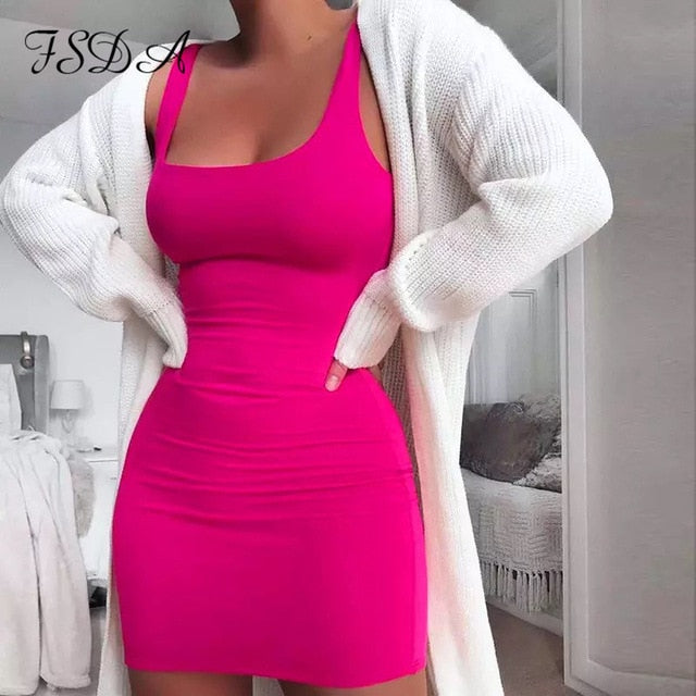 Square Neck Sleeveless Bodycon Mini Dress Basic Women Summer Black Backless Party Sexy Yellow Clubwear 2020 Dresses