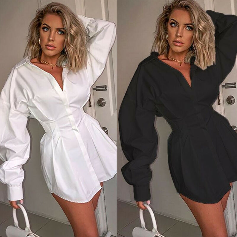 Office Lady Women Femal Ladies Long Sleeve Deep V Shirt Dress Sexy Mini Beach Dress  Elegant Sexy Party Dress New