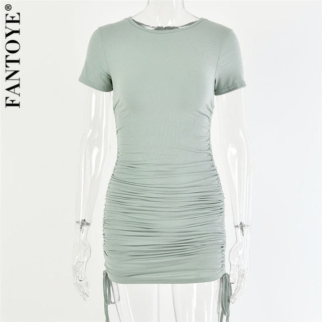 FANTOYE Ruched Drawstring Bodycon Dress Women Sexy Short Sleeve Club Party Dress Ladies Solid Skinny Elegant Dress Summer 2020