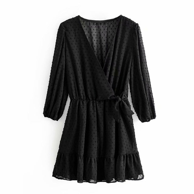 Summer Women Ruffles Lace Chiffon Dress Boho Mini Beach Dress Three Quarter Sleeve Ladies Party Dresses Vestido