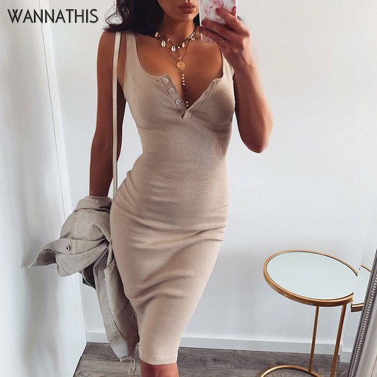 WannaThis Knee-Length Dress Knitted Elastic Sleeveless Bodycon elegant Women Summer Sexy V-Neck Button Party Slim Dresses