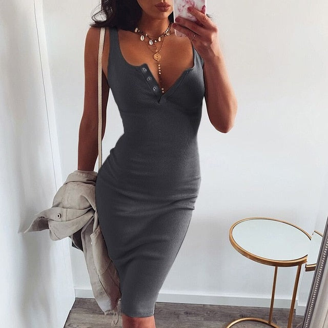 WannaThis Knee-Length Dress Knitted Elastic Sleeveless Bodycon elegant Women Summer Sexy V-Neck Button Party Slim Dresses