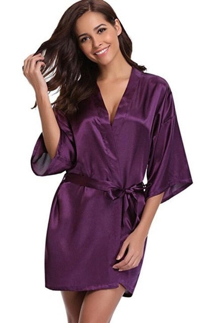 New Silk Kimono Robe Bathrobe Women Silk Bridesmaid Robes Sexy Navy Blue Robes Satin Robe Ladies Dressing Gowns