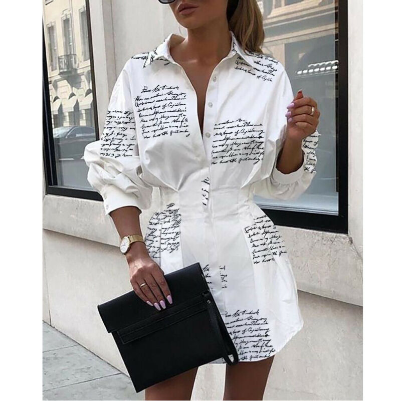 Summer Autumn Women Long Sleeve Mini Shirt Dress Button V Neck Three Quarter Sleeve Waist Collection Blouses Dress