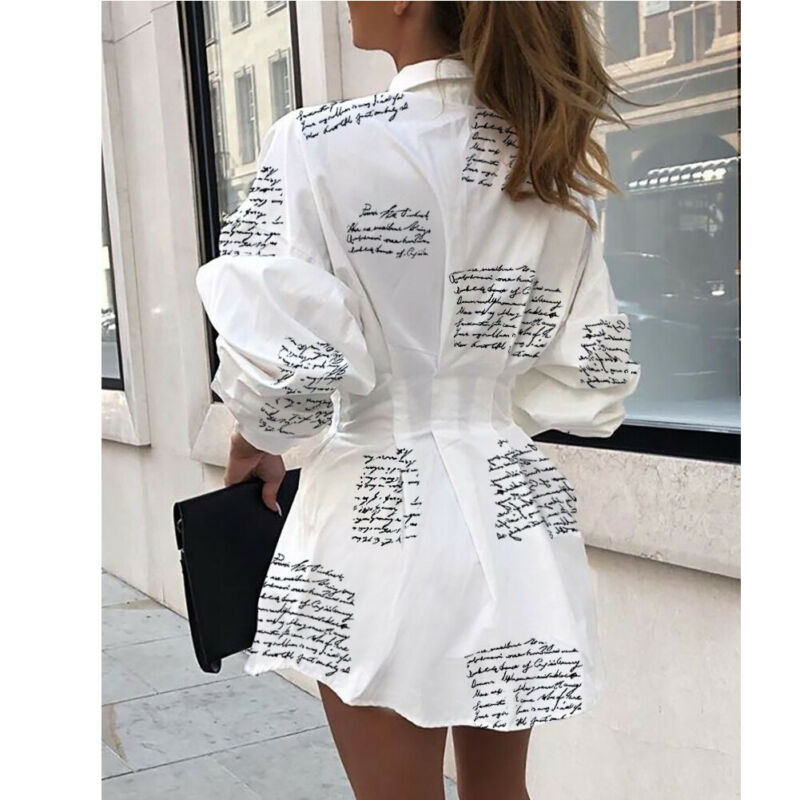 Summer Autumn Women Long Sleeve Mini Shirt Dress Button V Neck Three Quarter Sleeve Waist Collection Blouses Dress