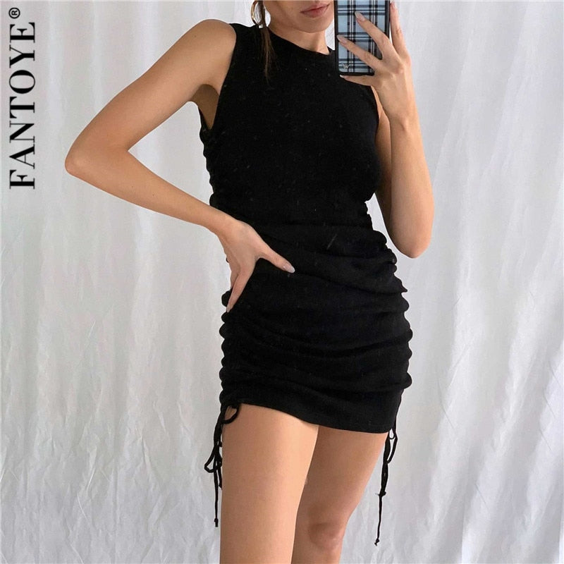 FANTOYE Cotton Ruched Drawstring Sexy Party Dress Women Sleeveless Elastic Mini Dress Vintage Summer Bodycon Club Wear Vestidos