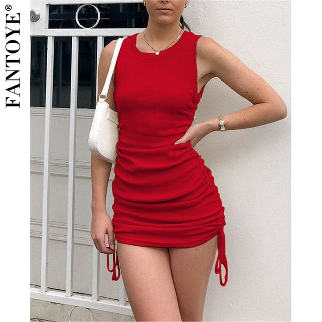 FANTOYE Cotton Ruched Drawstring Sexy Party Dress Women Sleeveless Elastic Mini Dress Vintage Summer Bodycon Club Wear Vestidos