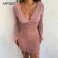 Summer Autumn Dress Women Sexy Long Sleeve Slim Elastic Bodycon Bandage Dress Short Pleated Party Dresses