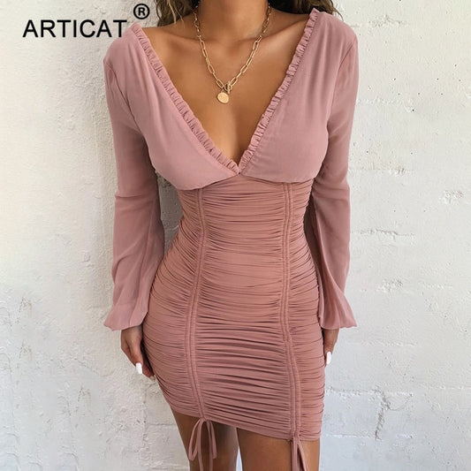 Summer Autumn Dress Women Sexy Long Sleeve Slim Elastic Bodycon Bandage Dress Short Pleated Party Dresses