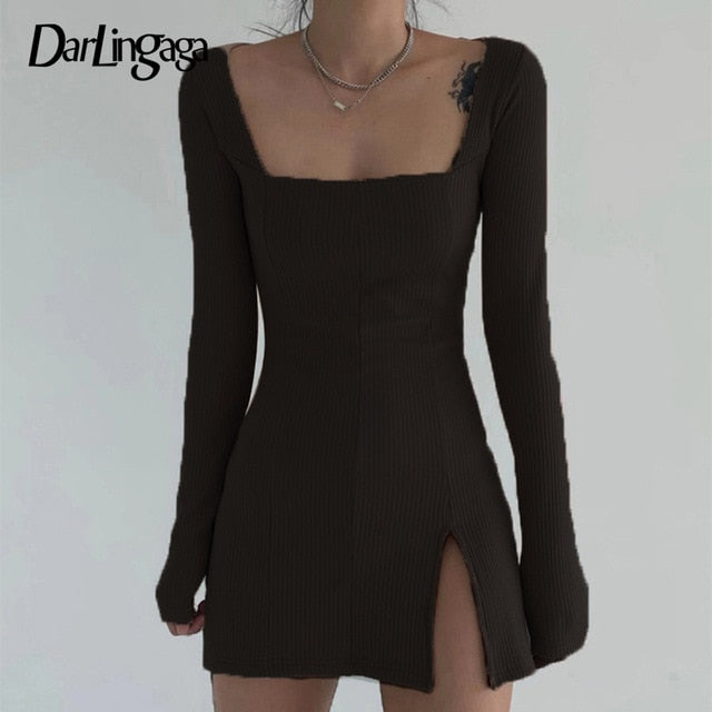 Elegant Square Neck Ribbed Black Dress Female Knitted Side Split Bodycon Dress Long Sleeve Fashion Mini Dresses Basic