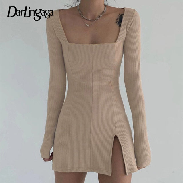 Elegant Square Neck Ribbed Black Dress Female Knitted Side Split Bodycon Dress Long Sleeve Fashion Mini Dresses Basic