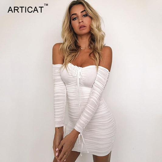 Women Autumn Winter Bandage Dress Women Sexy Off Shoulder Long Sleeve Slim Elastic Bodycon Party Dresses Vestidos