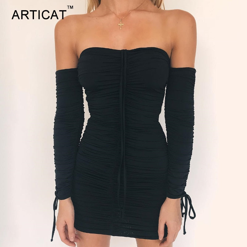 Women Autumn Winter Bandage Dress Women Sexy Off Shoulder Long Sleeve Slim Elastic Bodycon Party Dresses Vestidos