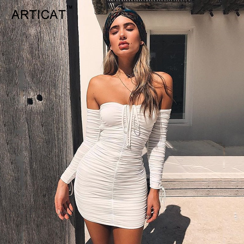 Women Autumn Winter Bandage Dress Women Sexy Off Shoulder Long Sleeve Slim Elastic Bodycon Party Dresses Vestidos