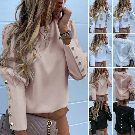 Work Wear Women Blouses Long Sleeve Back Metal Buttons Shirt Casual O Neck Printed Plus Size Tops Fall Blouse Drop Shipping