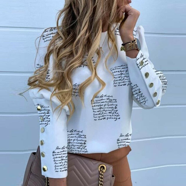 Work Wear Women Blouses Long Sleeve Back Metal Buttons Shirt Casual O Neck Printed Plus Size Tops Fall Blouse Drop Shipping