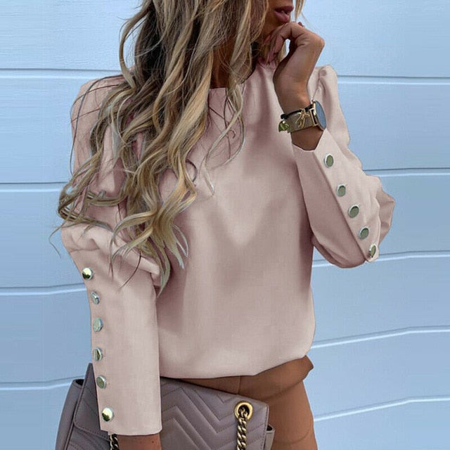 Work Wear Women Blouses Long Sleeve Back Metal Buttons Shirt Casual O Neck Printed Plus Size Tops Fall Blouse Drop Shipping