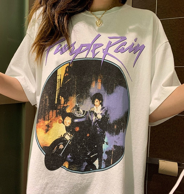 Purple Rain Vintage Graphic Tee Female Short Sleeve Purple Chic Printed Tops Summer Cotton Loose Casual T Shirt