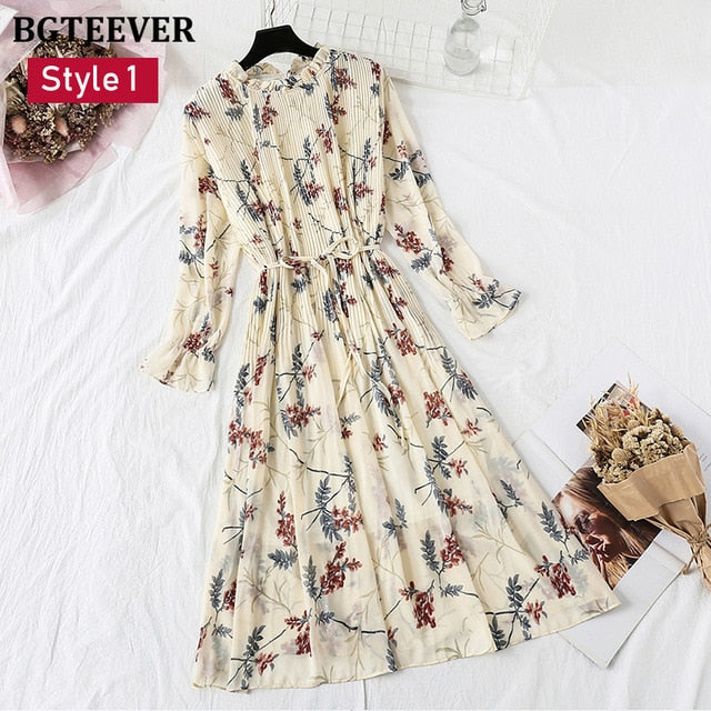 Spring Stand Collar Floral Print Women Dress Lace Up Female Pleated Dress Summer Party Midi Chiffon Vestidos femme