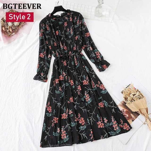 Spring Stand Collar Floral Print Women Dress Lace Up Female Pleated Dress Summer Party Midi Chiffon Vestidos femme