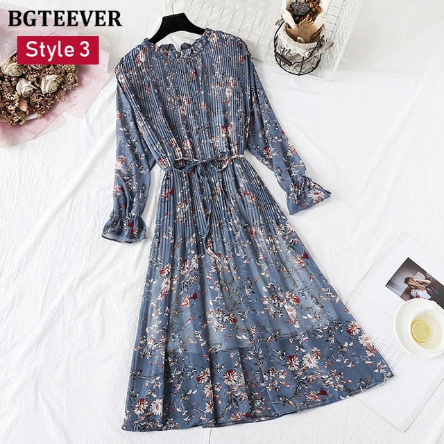 Spring Stand Collar Floral Print Women Dress Lace Up Female Pleated Dress Summer Party Midi Chiffon Vestidos femme