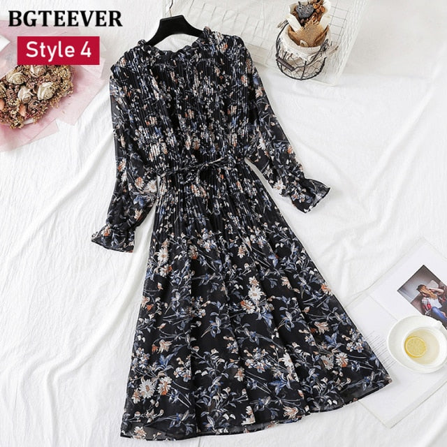 Spring Stand Collar Floral Print Women Dress Lace Up Female Pleated Dress Summer Party Midi Chiffon Vestidos femme