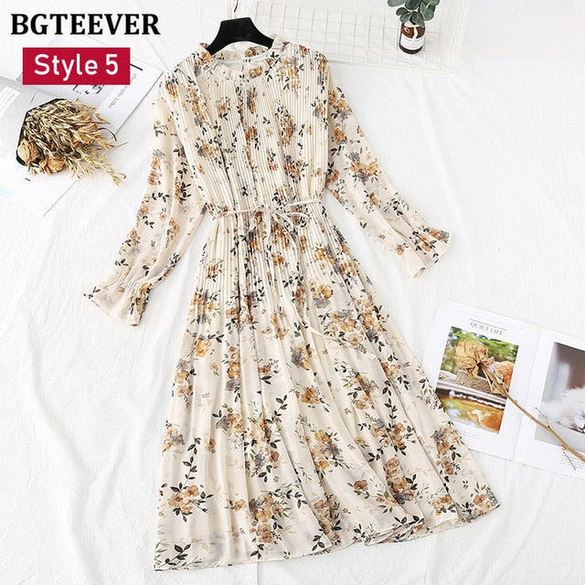 Spring Stand Collar Floral Print Women Dress Lace Up Female Pleated Dress Summer Party Midi Chiffon Vestidos femme