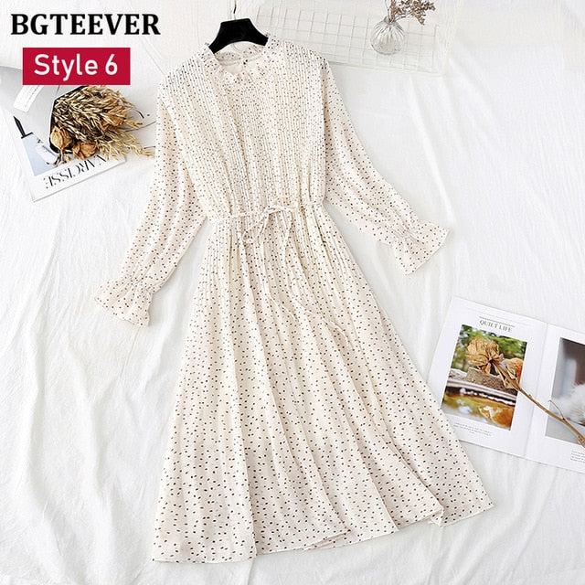 Spring Stand Collar Floral Print Women Dress Lace Up Female Pleated Dress Summer Party Midi Chiffon Vestidos femme