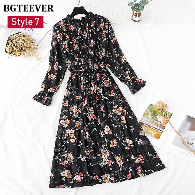 Spring Stand Collar Floral Print Women Dress Lace Up Female Pleated Dress Summer Party Midi Chiffon Vestidos femme