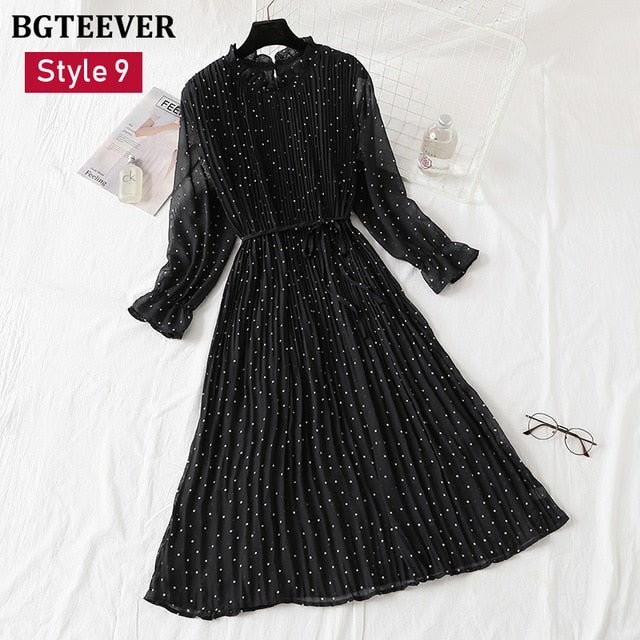 Spring Stand Collar Floral Print Women Dress Lace Up Female Pleated Dress Summer Party Midi Chiffon Vestidos femme