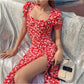 Women Summer Vintage Party Dress Lady France Style Puff Sleeve Floral Print Square Collar Side Split Midi Dress Vestido 2021 New