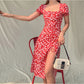 Women Summer Vintage Party Dress Lady France Style Puff Sleeve Floral Print Square Collar Side Split Midi Dress Vestido 2021 New