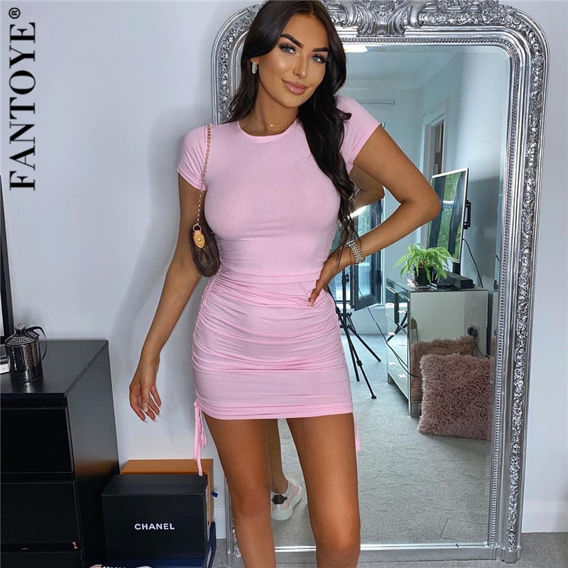 FANTOYE Ruched Drawstring Bodycon Dress Women Sexy Short Sleeve Club Party Dress Ladies Solid Skinny Elegant Dress Summer 2020