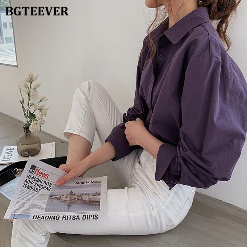 Vintage Turn-down Collar Women Blouse Shirts Autumn Winter Thicken Female Blouse Tops Workwear Purple Shirts 2020