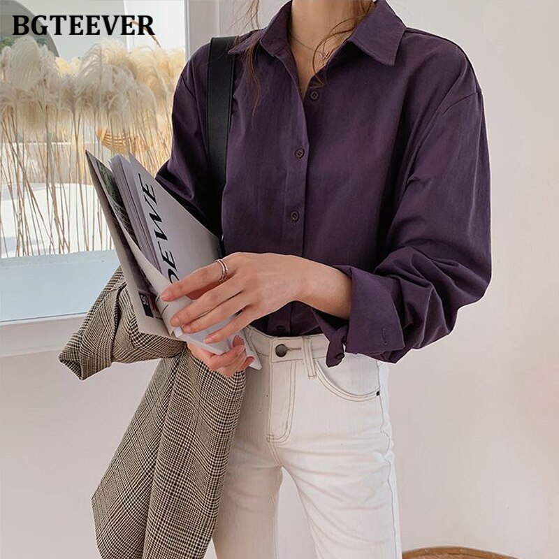 Vintage Turn-down Collar Women Blouse Shirts Autumn Winter Thicken Female Blouse Tops Workwear Purple Shirts 2020