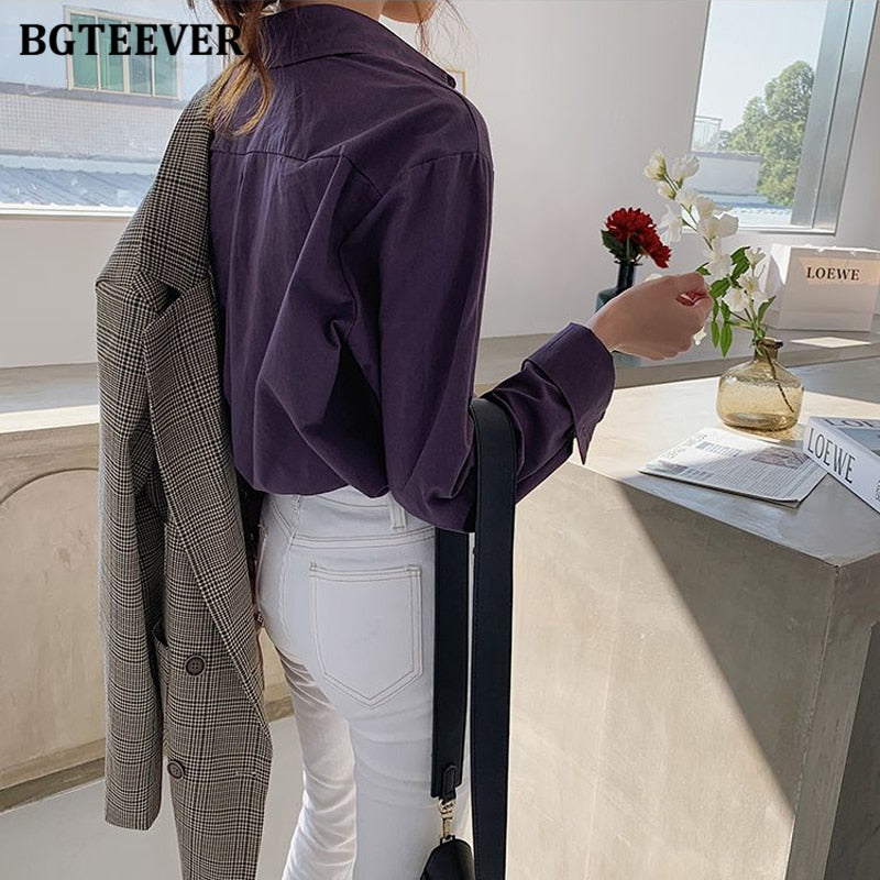 Vintage Turn-down Collar Women Blouse Shirts Autumn Winter Thicken Female Blouse Tops Workwear Purple Shirts 2020