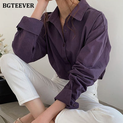 Vintage Turn-down Collar Women Blouse Shirts Autumn Winter Thicken Female Blouse Tops Workwear Purple Shirts 2020